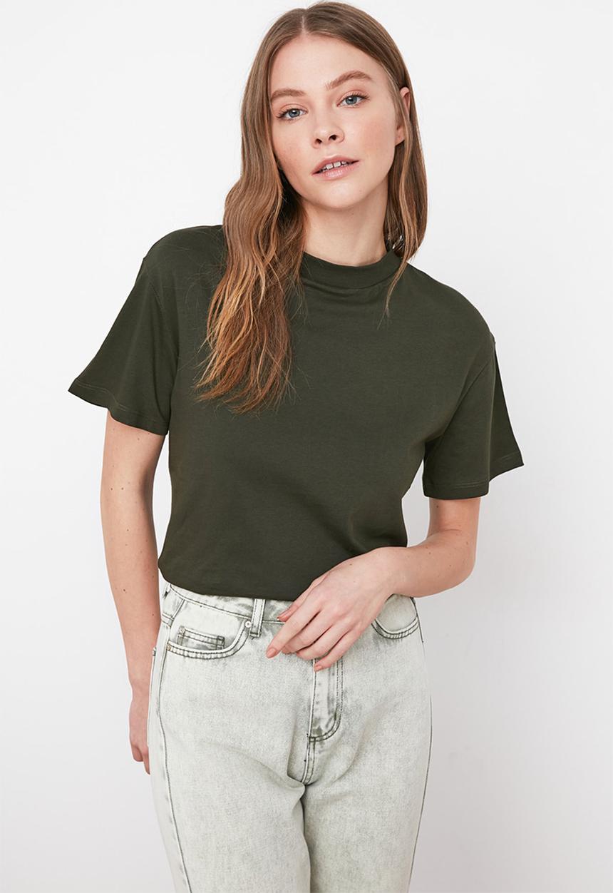 Trendyol - Stand collar basic knitted T-shirt - khaki