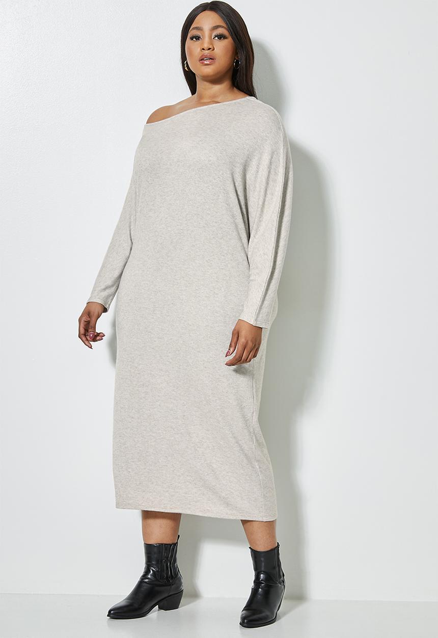 VELVET - Off the shoulder drapped dress - taupe 