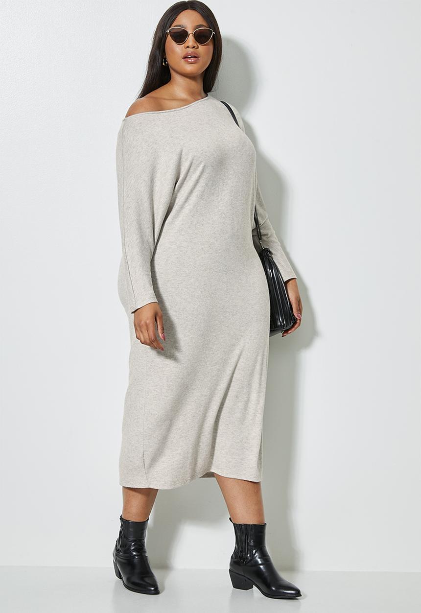 VELVET - Off the shoulder drapped dress - taupe 