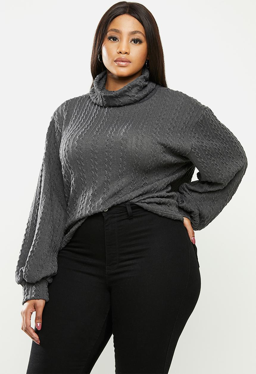 Me&B - Plus cowl neck cable knit top with bell sleeve - grey