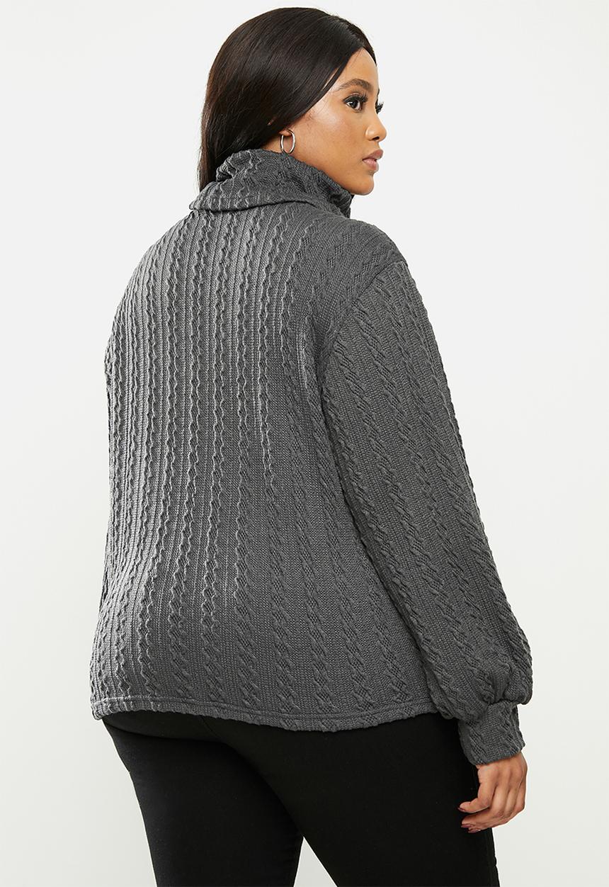 Me&B - Plus cowl neck cable knit top with bell sleeve - grey