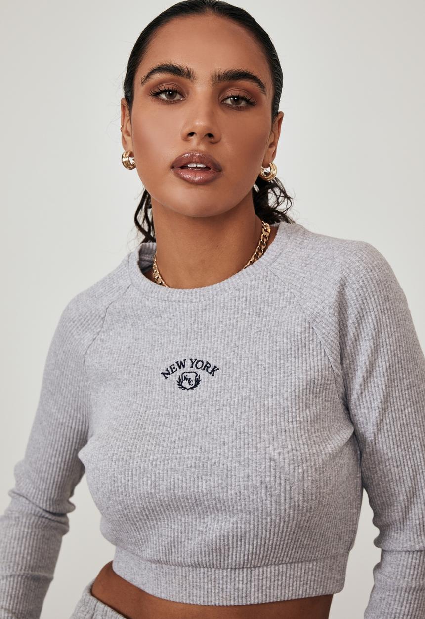 Factorie - Long sleeve raglan embroidered rib top - grey