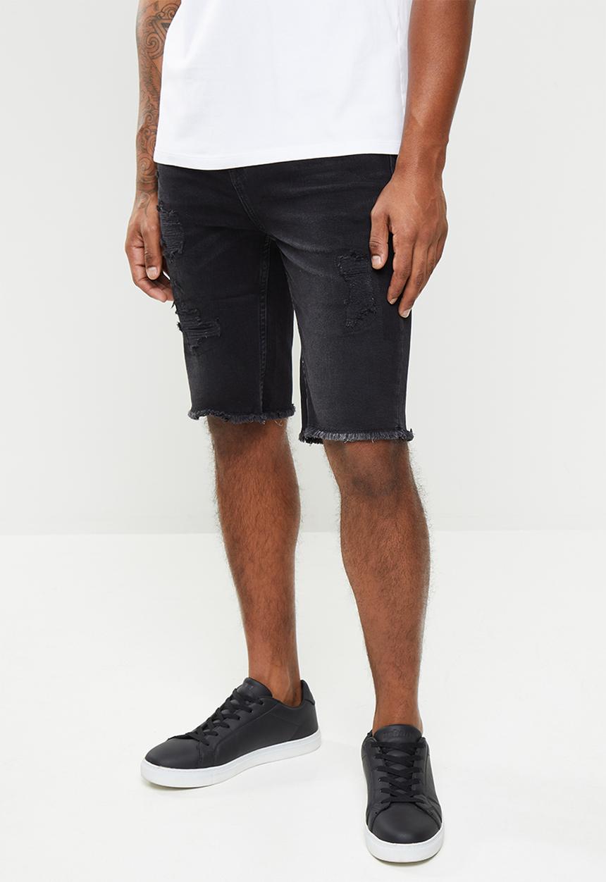 GUESS - Faded black wash slim denim short with destroy - black