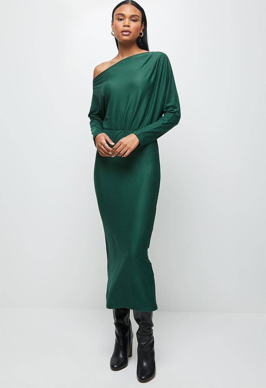 MILLA - Brushed knit slashed neck dolman bodycon dress - sea moss