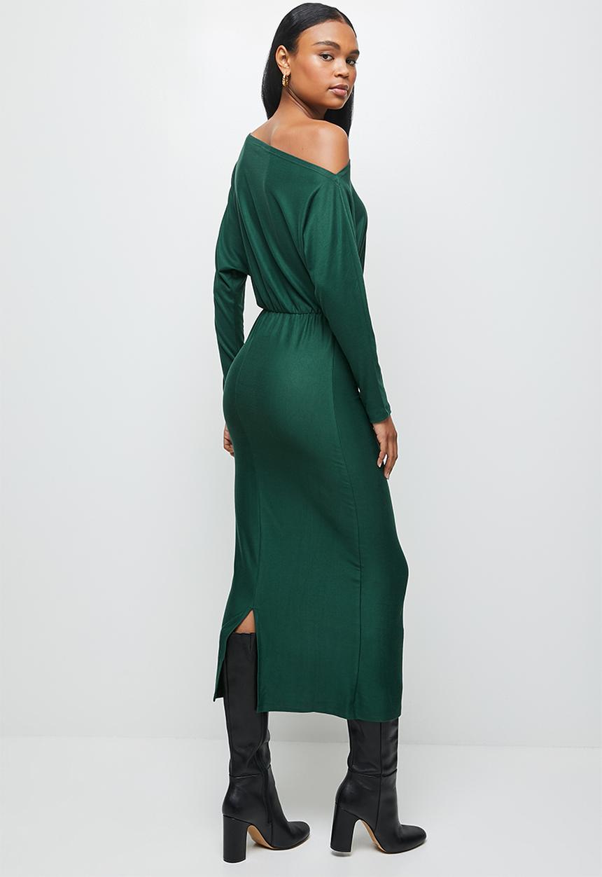 MILLA - Brushed knit slashed neck dolman bodycon dress - sea moss