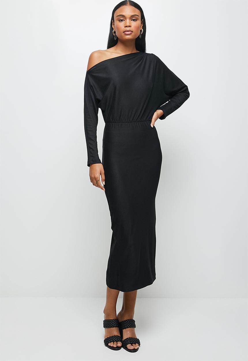 MILLA - Brushed knit slashed neck dolman bodycon dress - black