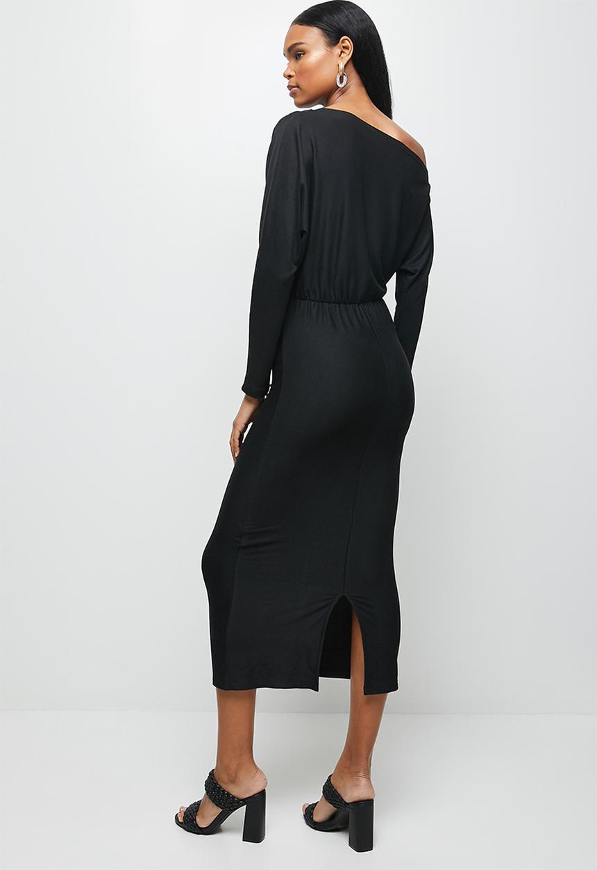 MILLA - Brushed knit slashed neck dolman bodycon dress - black