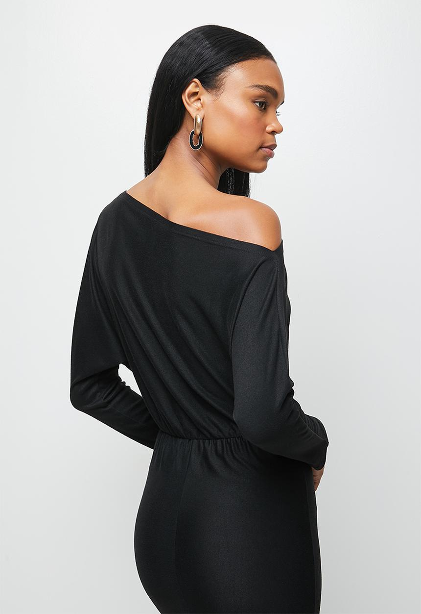 MILLA - Brushed knit slashed neck dolman bodycon dress - black
