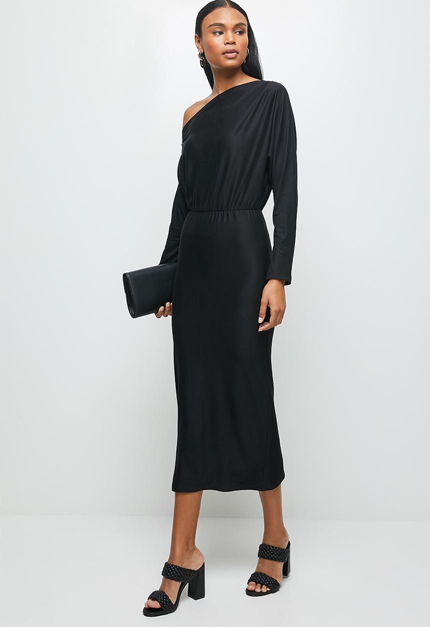 MILLA - Brushed knit slashed neck dolman bodycon dress - black