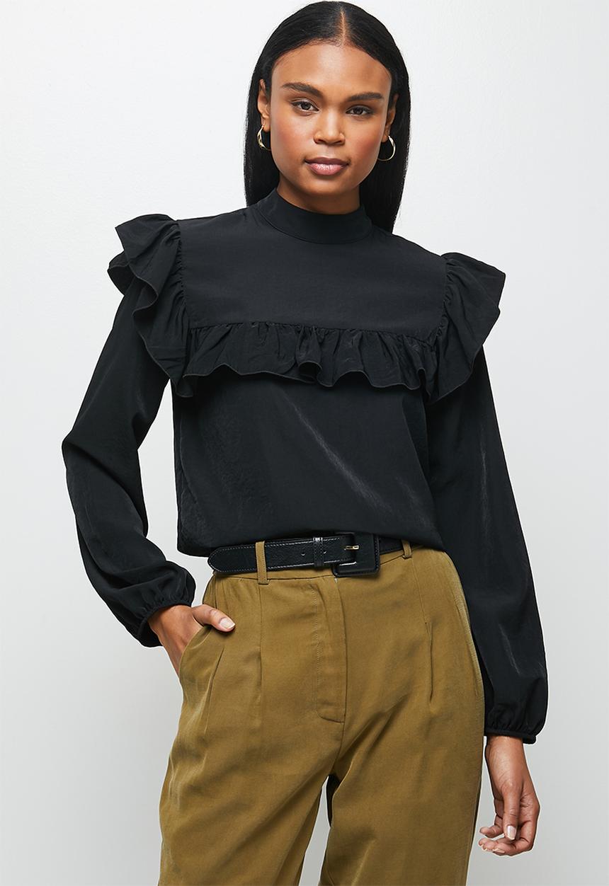MILLA - Peached woven ruffle trim turtleneck blouse-black