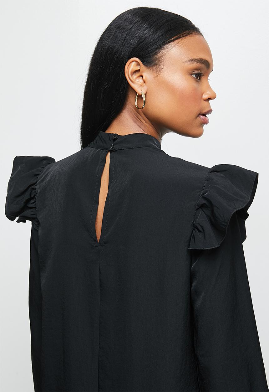 MILLA - Peached woven ruffle trim turtleneck blouse-black