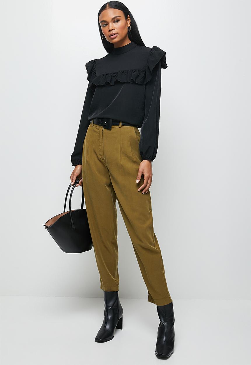 MILLA - Peached woven ruffle trim turtleneck blouse-black