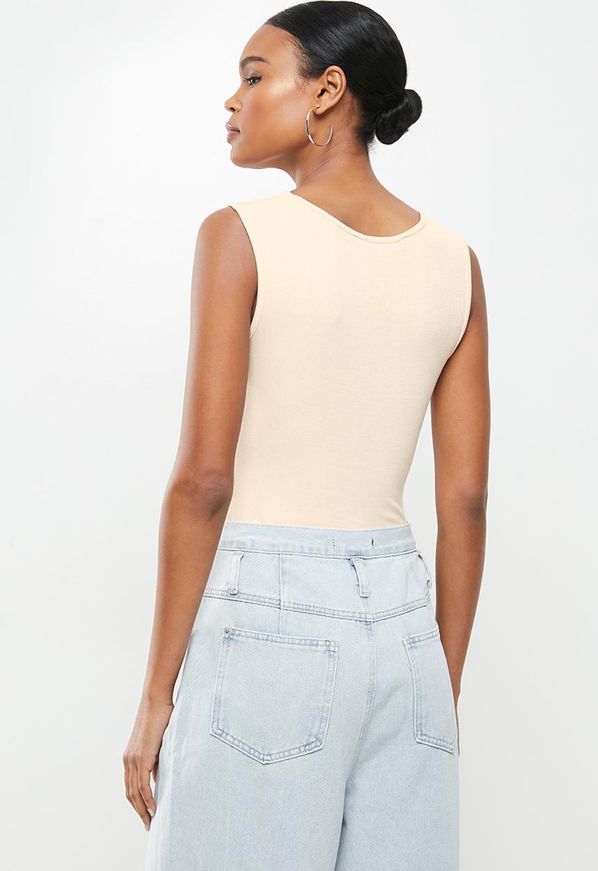 Missguided - 2 Pack rib high neck racer sleeve - white & stone