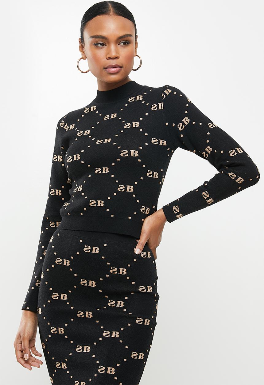 SISSY BOY - Babette: glitter repeat logo knit with crew neck and long sleeves - black