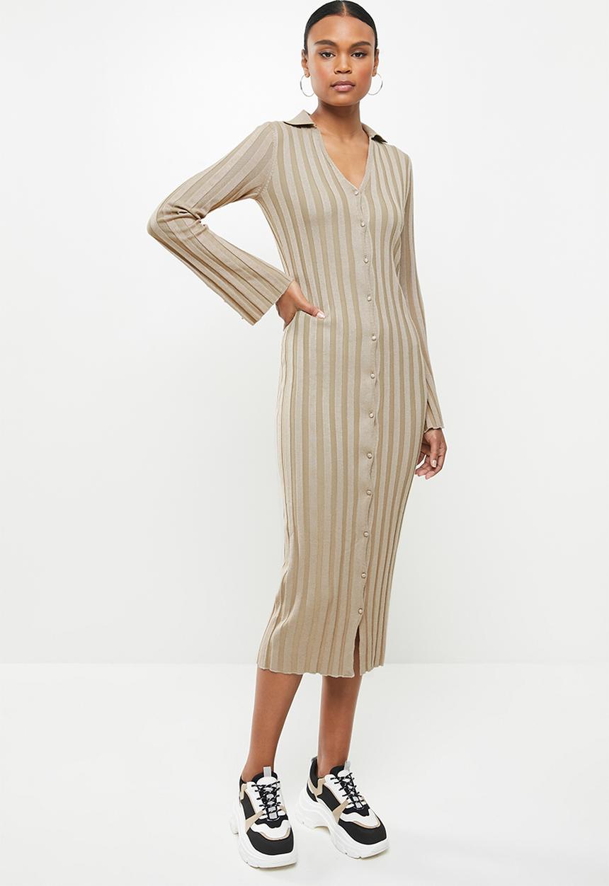 Missguided - Rib v-neck collared midaxi dress - stone