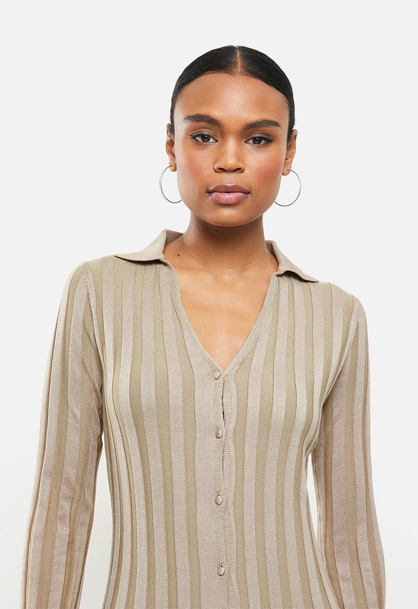 Missguided - Rib v-neck collared midaxi dress - stone