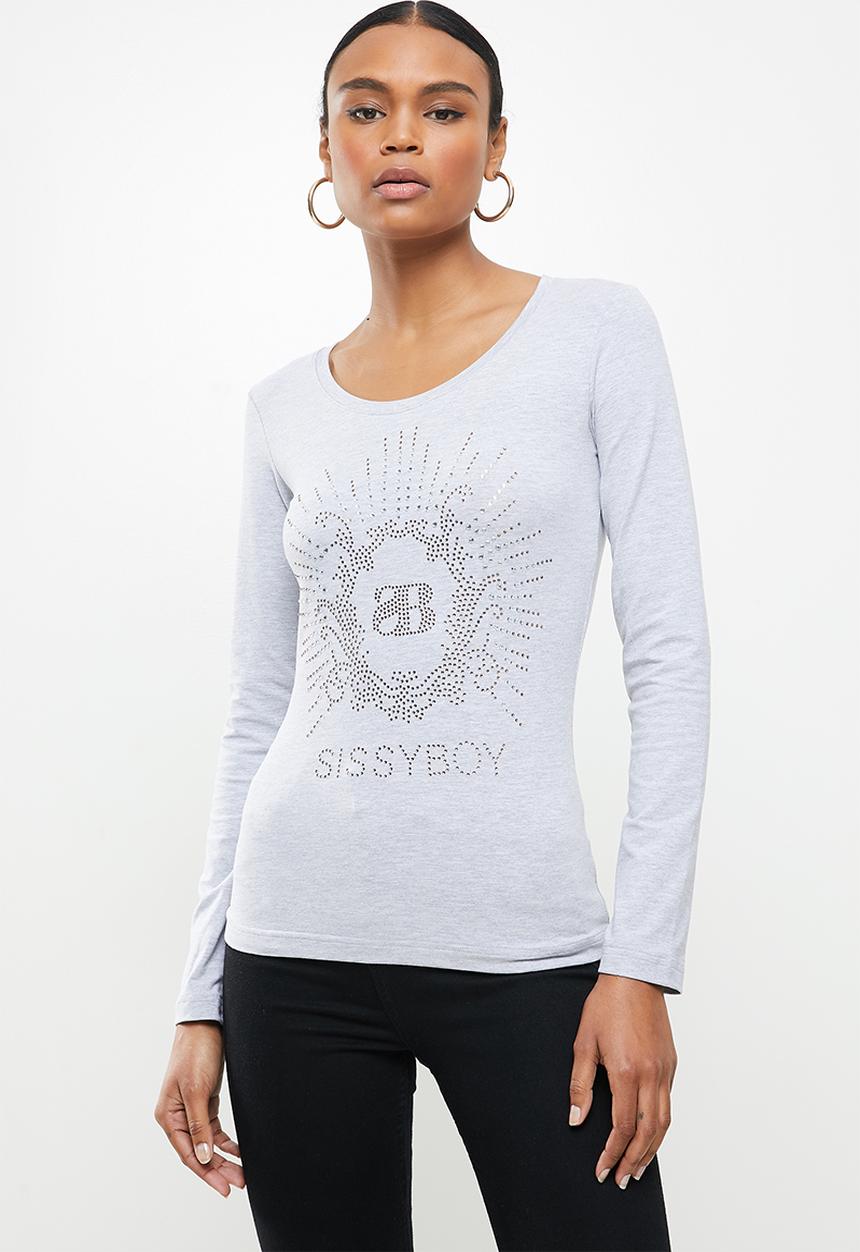 SISSY BOY - Eva: dramatic bling logo top with long sleeves - grey 