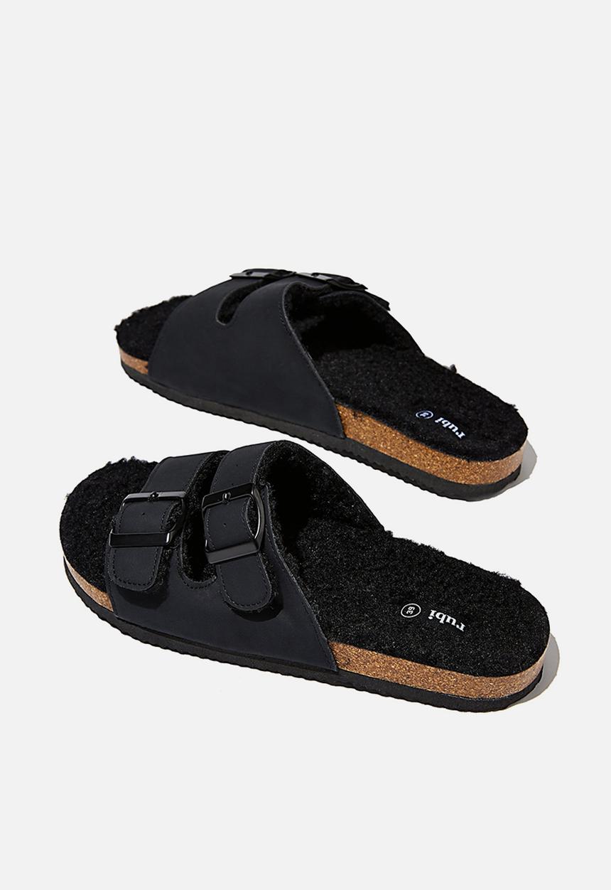 Cotton On - Rex faux fur double buckle slide - black
