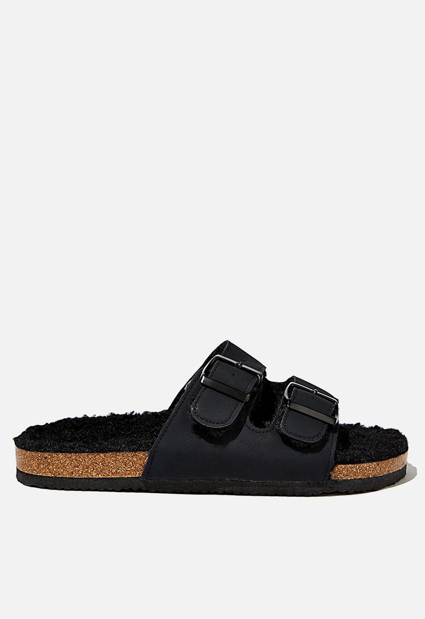 Cotton On - Rex faux fur double buckle slide - black
