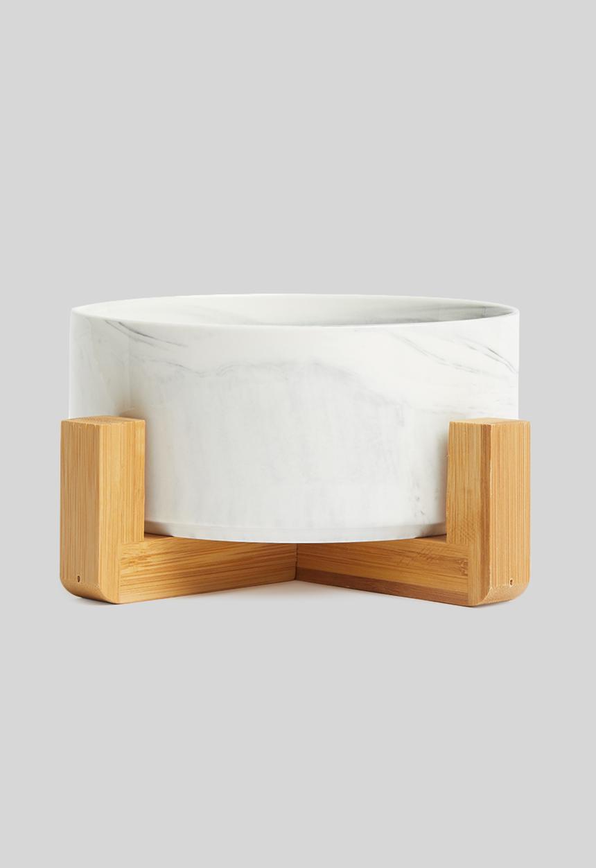 Sixth Floor - Ciao pet bowl with bamboo stand - marble white