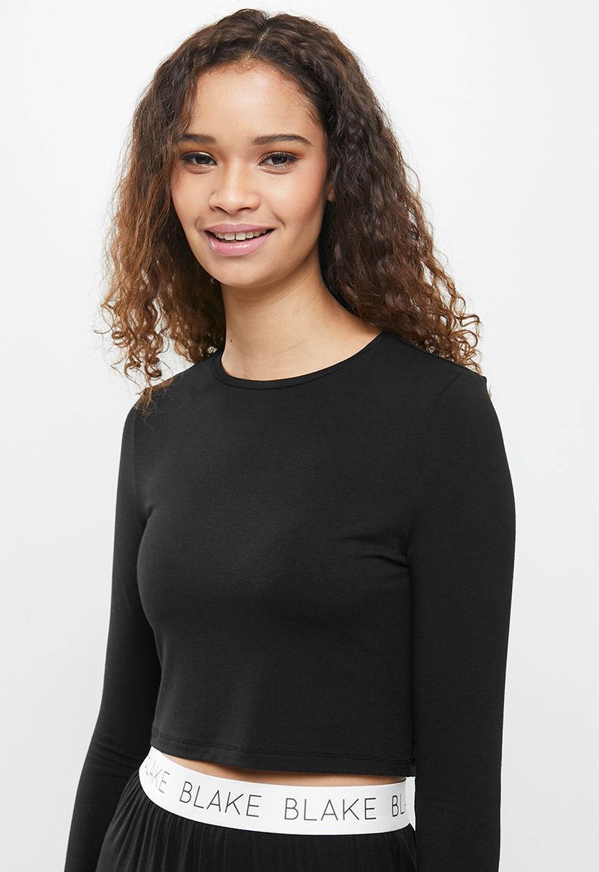 Blake - Branded elastic long crop tee & pants sleep set - black