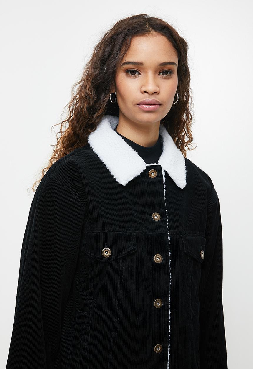 Cotton On - Sherpa cord trucker jacket - black