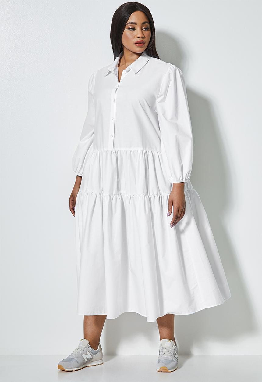 Superbalist - Tiered balloon sleeve shirt dress - white
