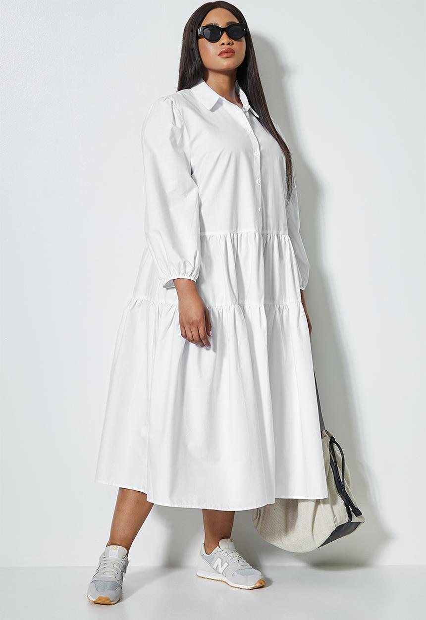 Superbalist - Tiered balloon sleeve shirt dress - white