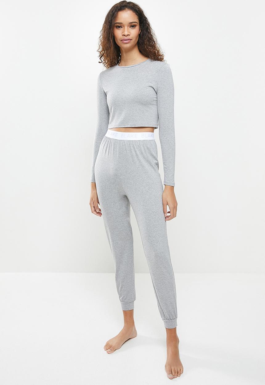 Blake - Branded elastic long crop tee & pant sleep set - grey