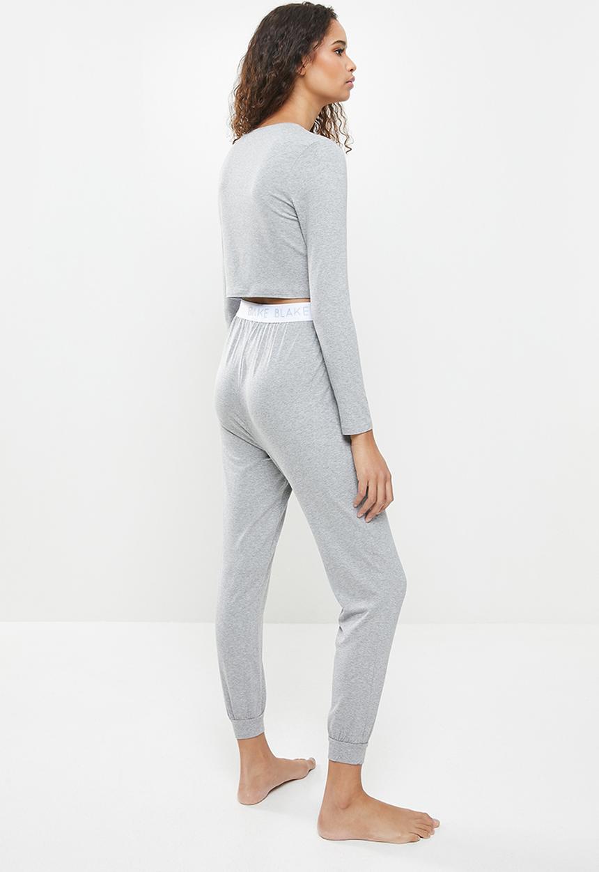Blake - Branded elastic long crop tee & pant sleep set - grey