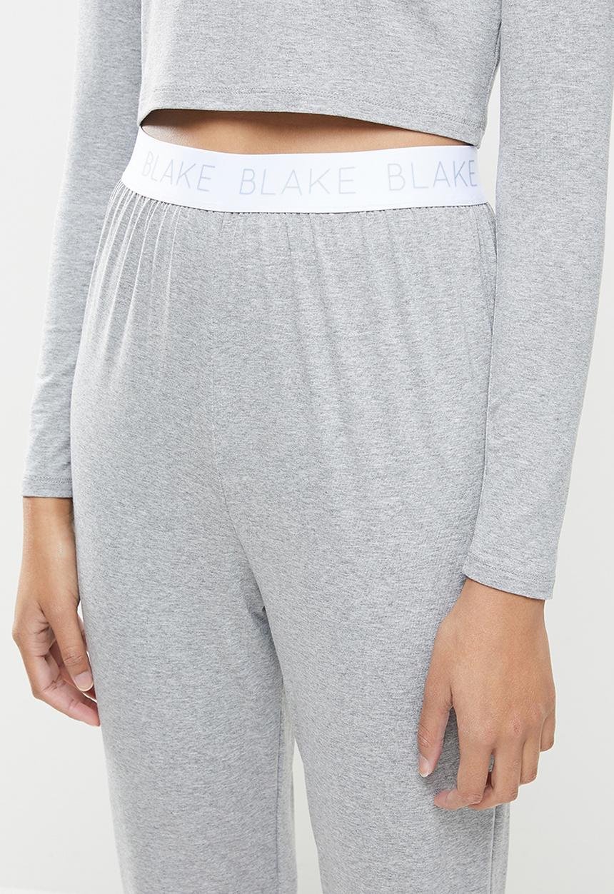 Blake - Branded elastic long crop tee & pant sleep set - grey
