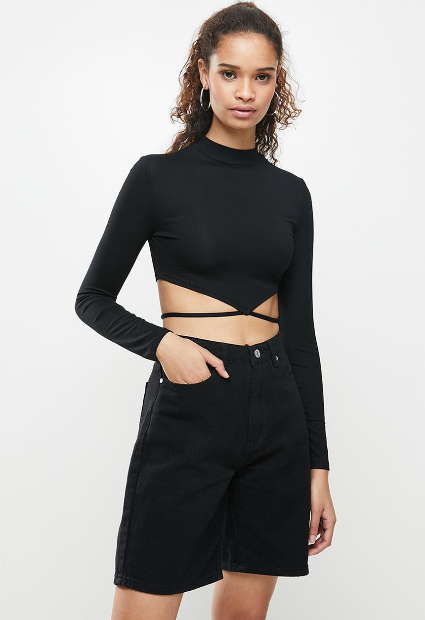 Blake - Hem tie detail crew neck crop top - black
