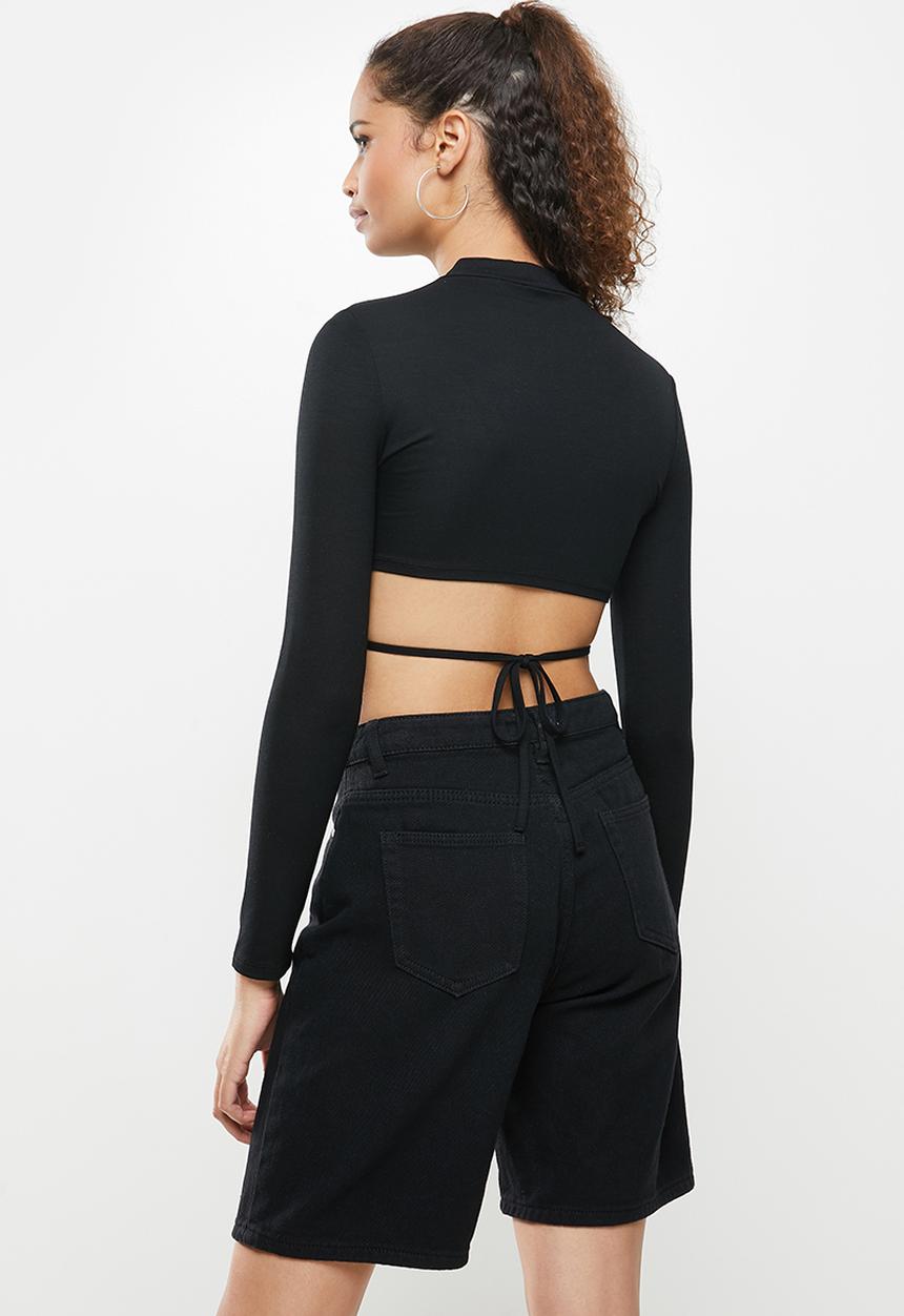 Blake - Hem tie detail crew neck crop top - black