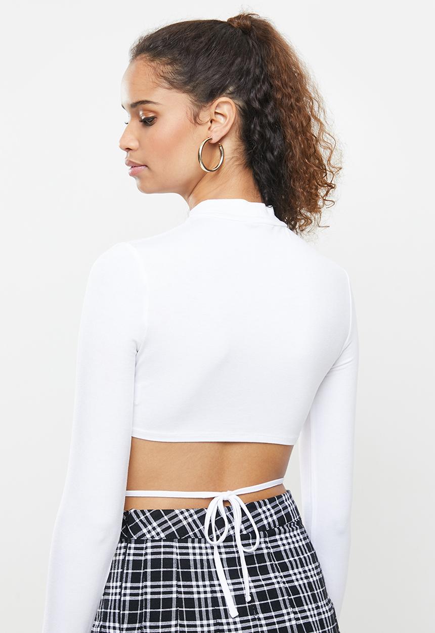 Blake - Hem tie detail crew neck crop top - white