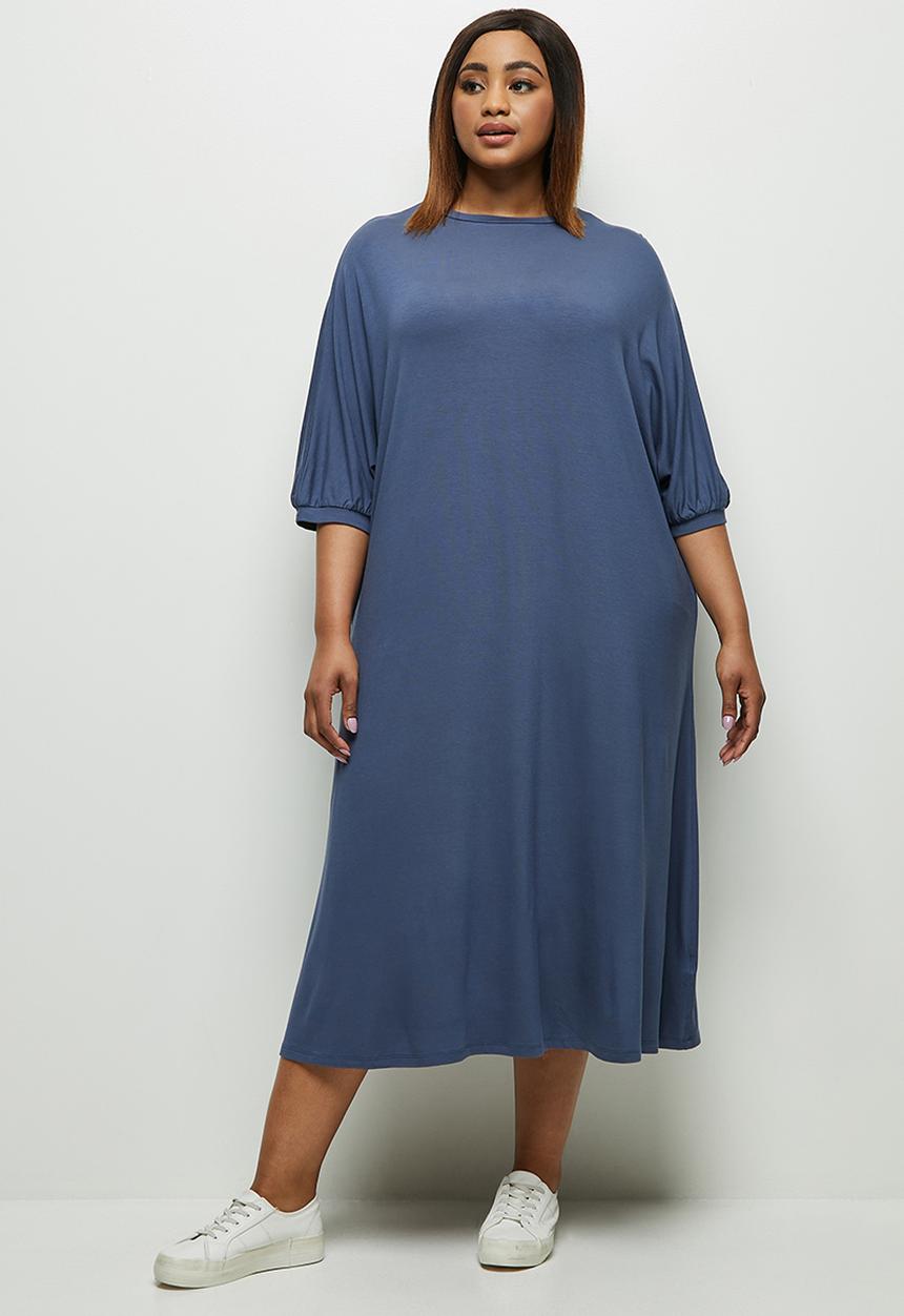edit Plus - Conscious elbow sleeve swing dress - blue