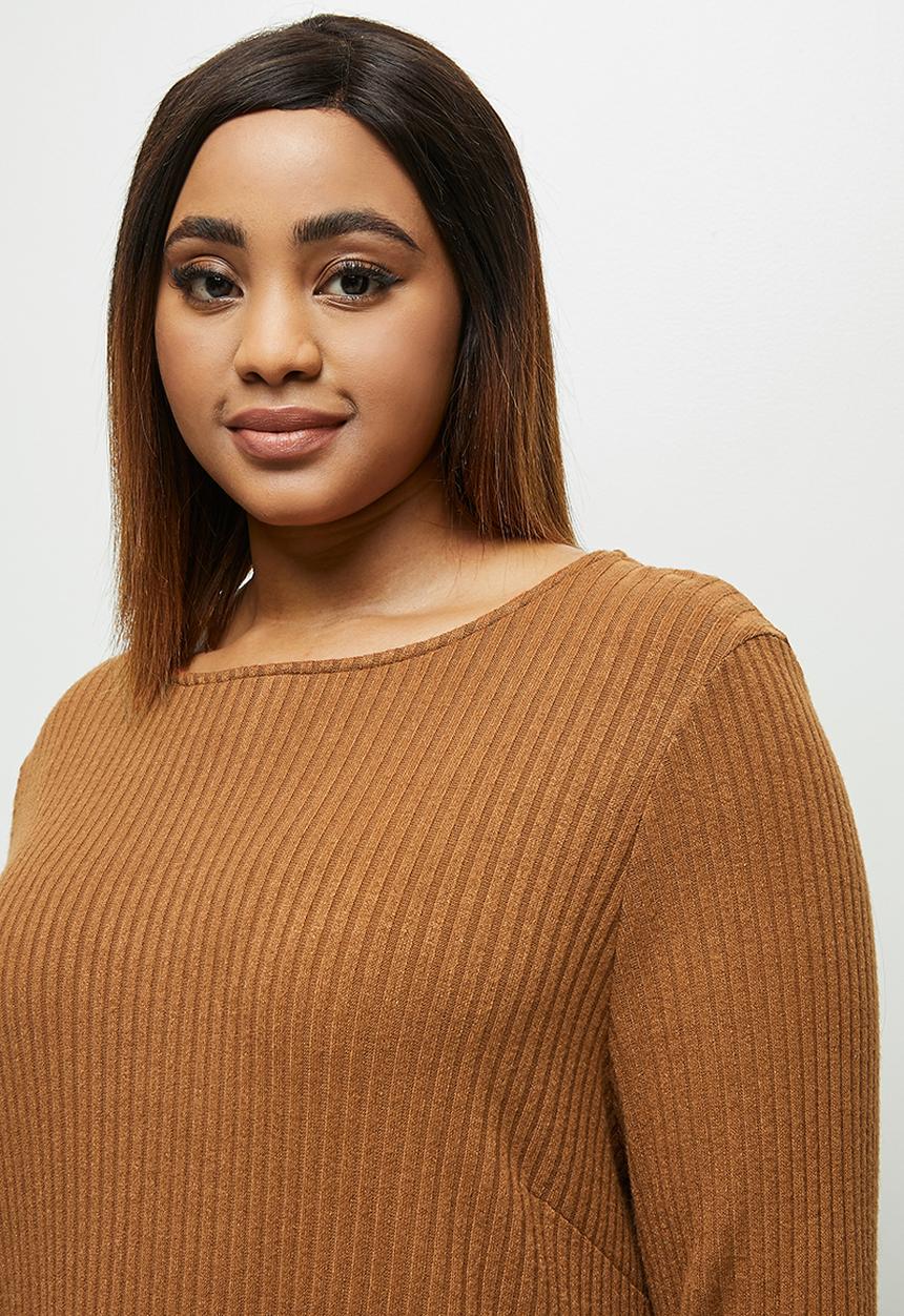 edit Plus - Long sleeve crew neck longline tee - tobacco