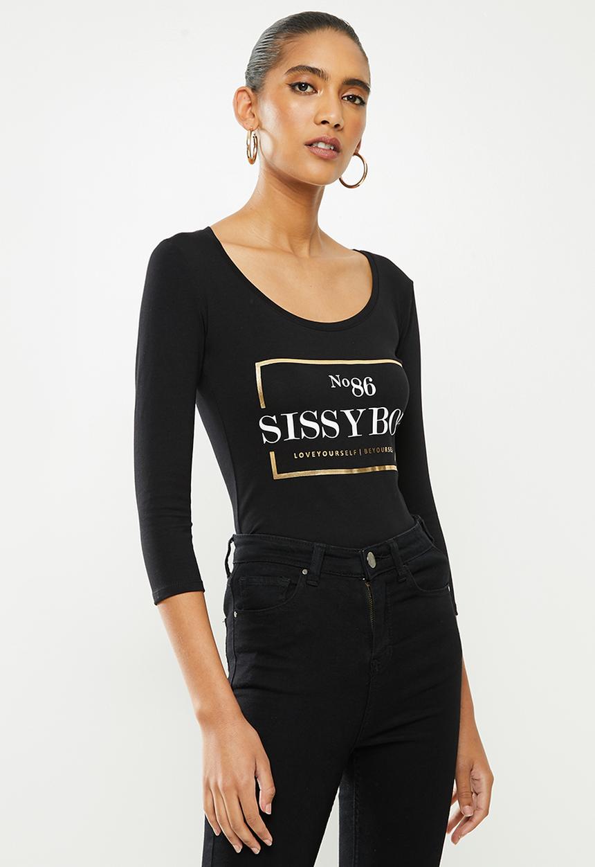 SISSY BOY - No. 86 lover: basic round neck top with 3/4 quarter sleeves with mixed prints logo - black