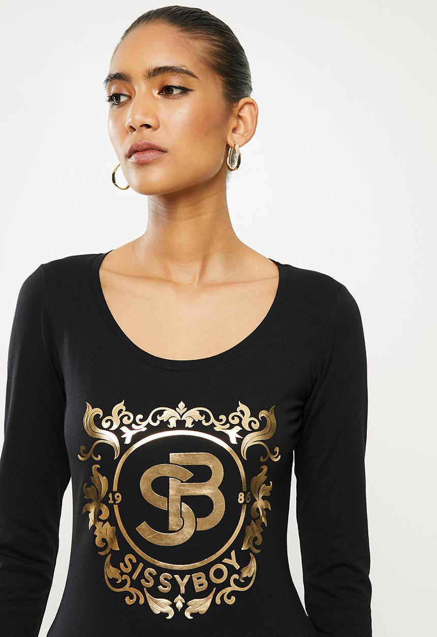 SISSY BOY - Charni: basic round neck top with long sleeves and gold foil print logo - black