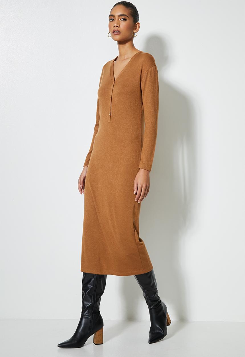 VELVET - Brushed cut & sew henley longline cardi dress - brown