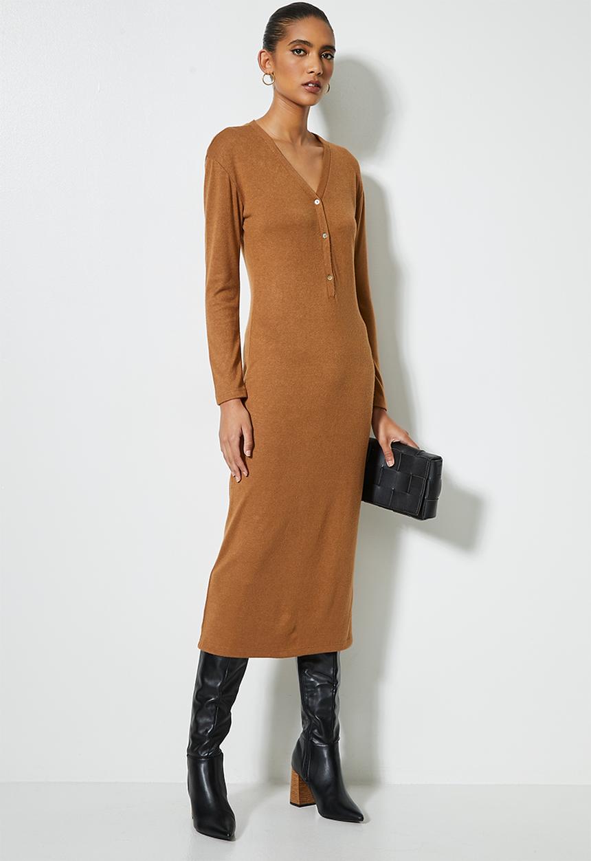 VELVET - Brushed cut & sew henley longline cardi dress - brown