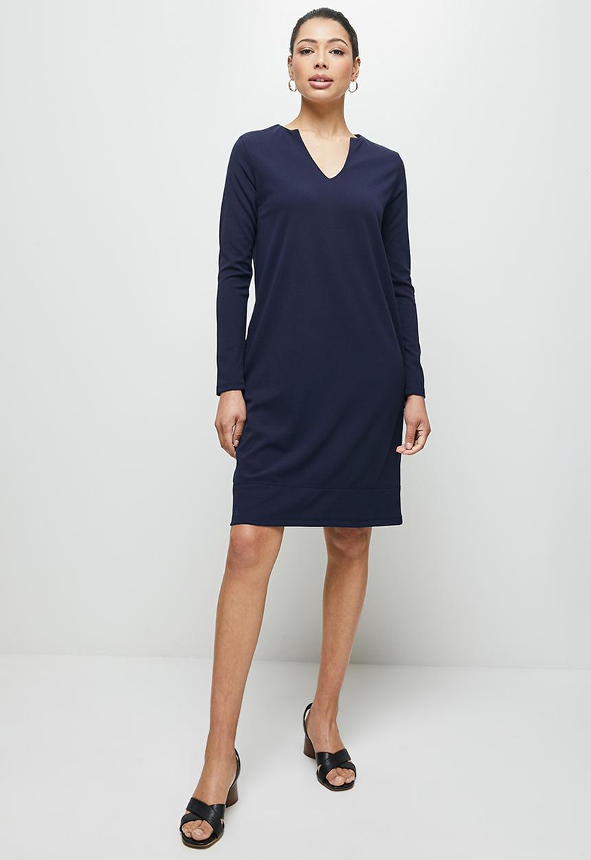 edit - Longsleeve notchneck pocket shift dress - navy