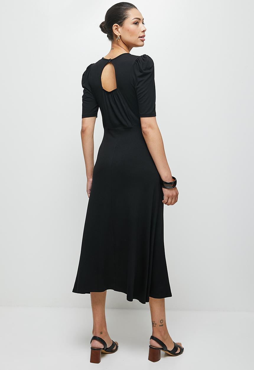 edit - Ruched sleeve slit midi - black