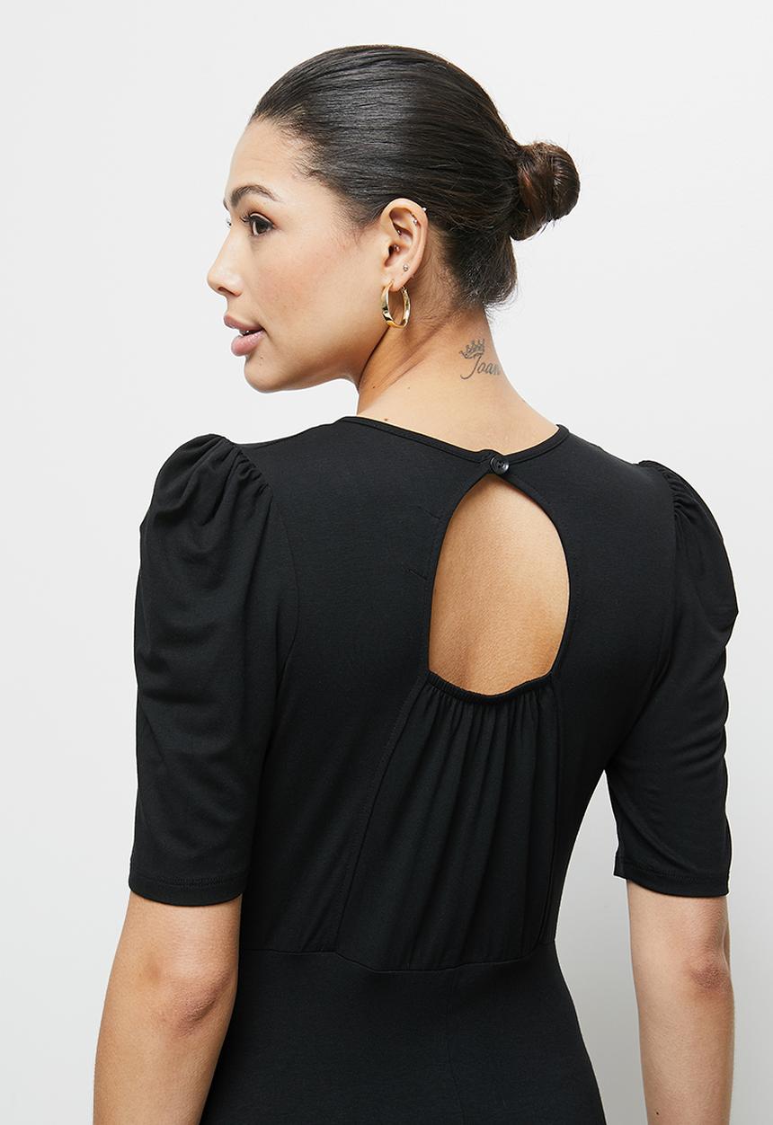 edit - Ruched sleeve slit midi - black