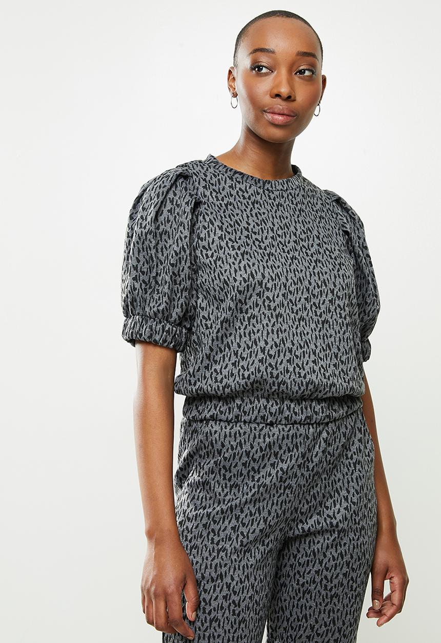 Me&B - Animal elasticated jacquard hem top - charcoal 