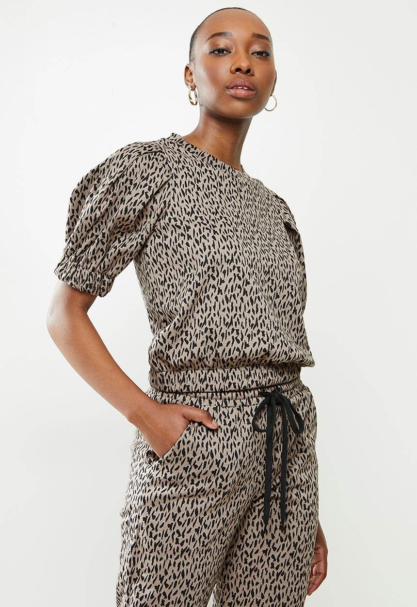 Me&B - Animal elasticated jacquard hem top - taupe 