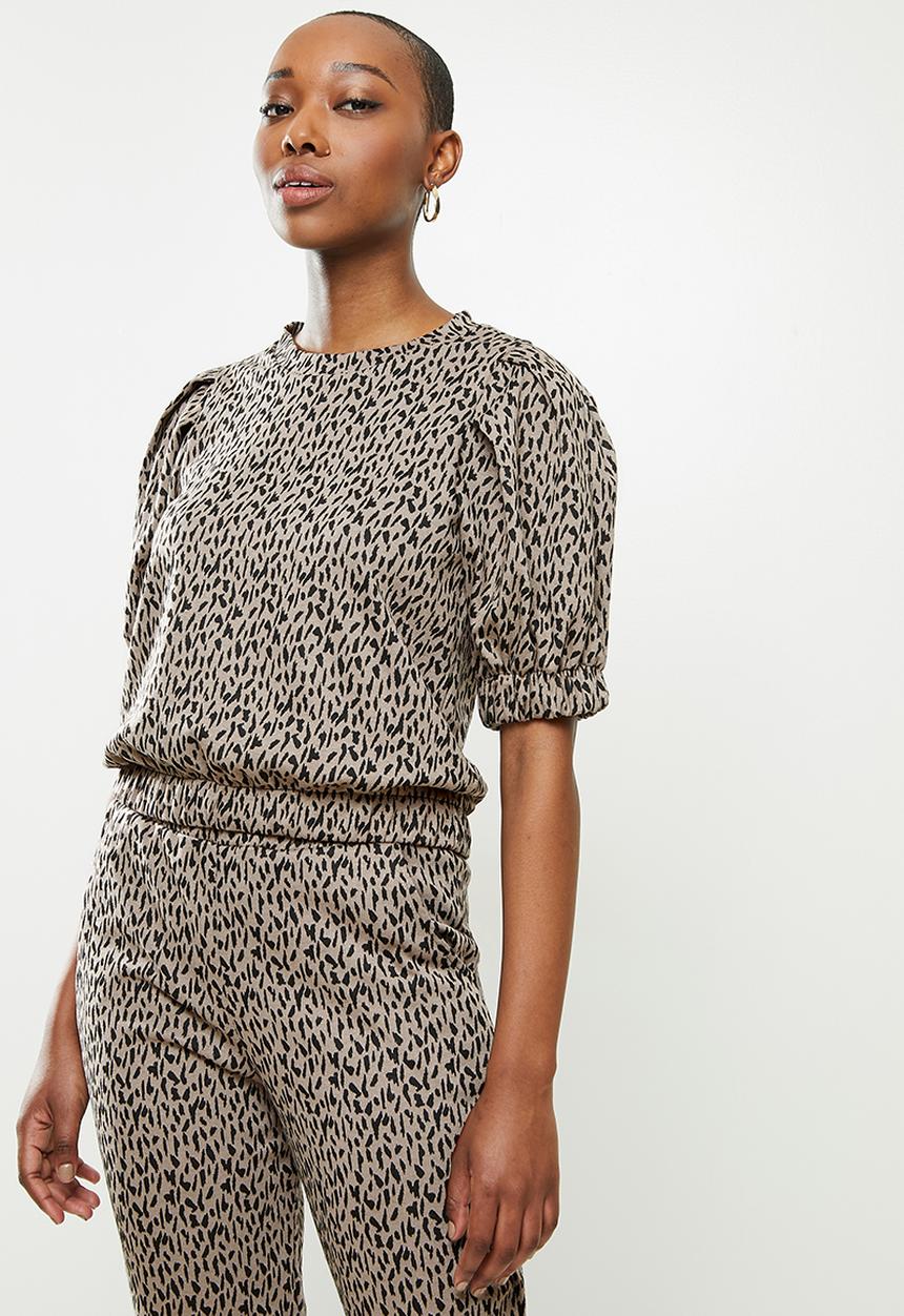 Me&B - Animal elasticated jacquard hem top - taupe 
