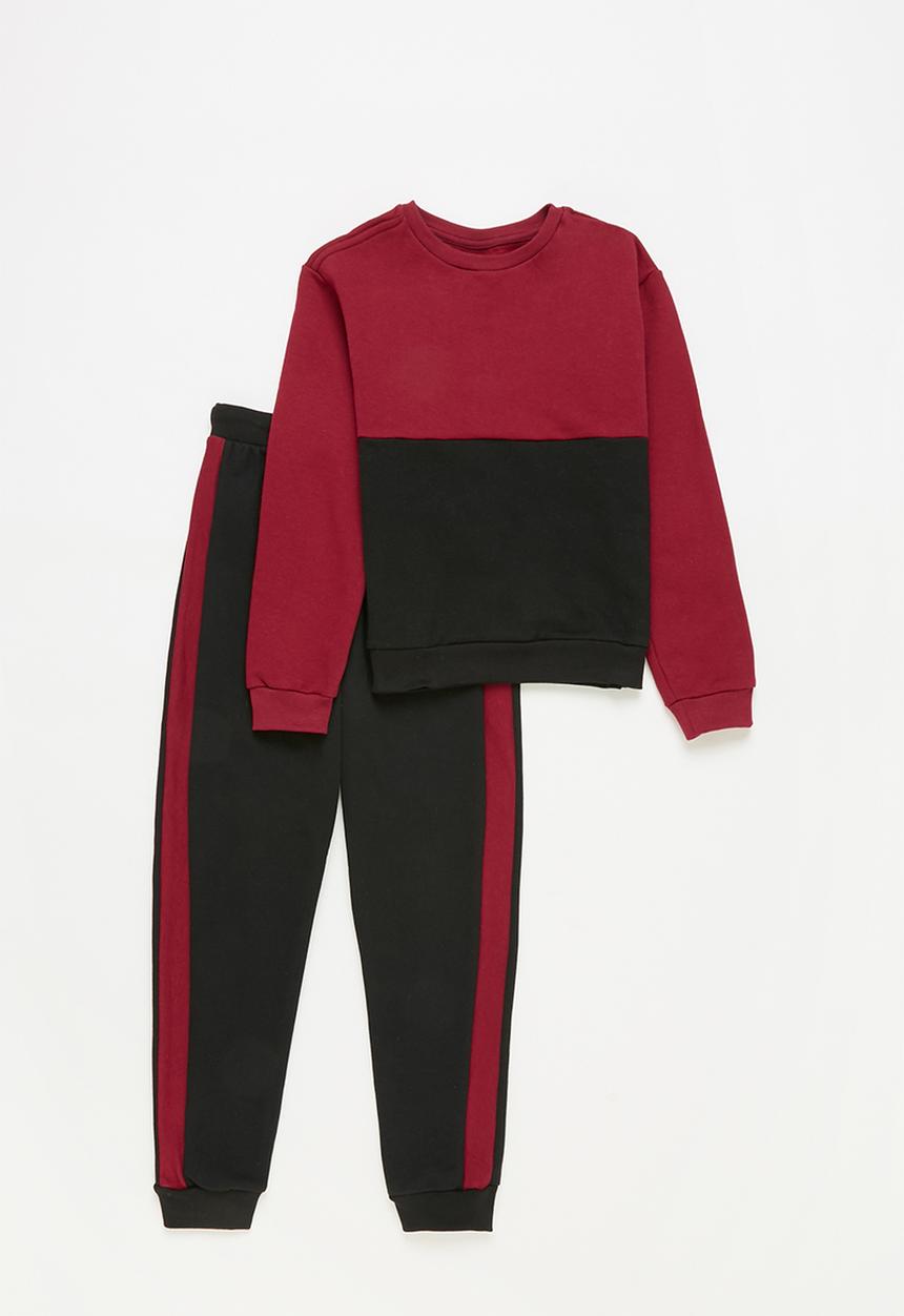 Pop Candy - Younger boys colour block sweat set - maroon/black