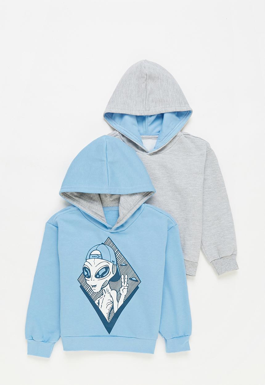 Pop Candy - Younger boys 2 pack graphic hoodies - grey & blue 