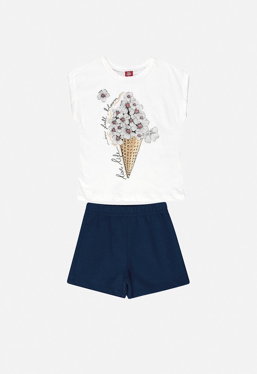 Bee Loop - Girls printed tee & sweatshorts set - white & navy