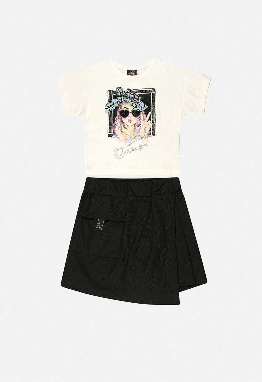 Gloss - Girls crop top & skort set - off white & black